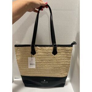 London Fog Golda Straw & Black Vegan  Leather Tote bag NWT 13x14